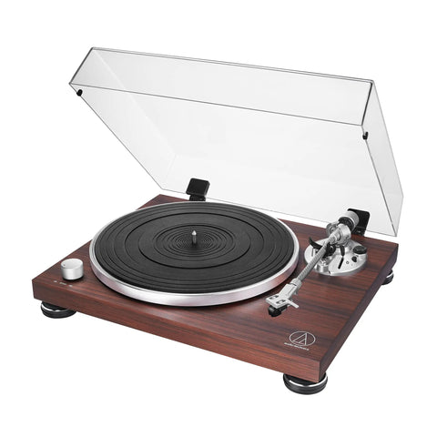 Audio-Technica At-Lpw50bt-Rw Manual Belt-Drive Turntable In Slick Rosewood With Bluetooth Wireless Tech, open lid view.