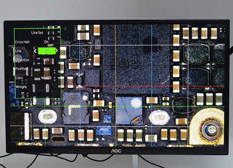1080P60 live view on monitor using 48MP C Mount Digital Microscope Camera for PCB soldering, showing high resolution macro imaging