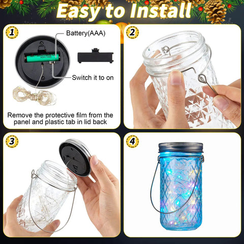 Solar Mason Jar Lantern Lights With Jar Lid 30 LED Fairy String Lights On 9.84 Ft Copper Wire 20 Hangers Waterproof Outdoor Lantern