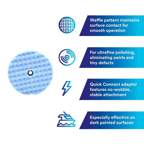 Perfect It Ultrafine Foam Polishing Pad Double Sided 8 Inches Blue displayed with icon and text features, waffle face pattern visible