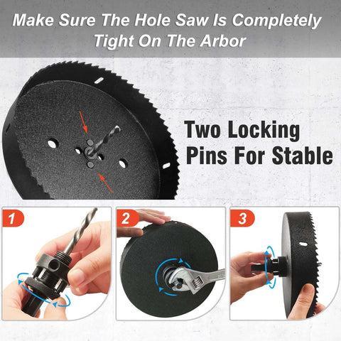 JTemgle heavy-duty hole saw arbor with 1/2 in hex shank, two locking pins, and 5 center drill bits
