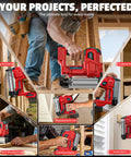 Heavy Duty Cordless Brad Nailer And Staple Gun Combo Made To Fit Milwaukee 18v Tools shown in various carpentry jobs.