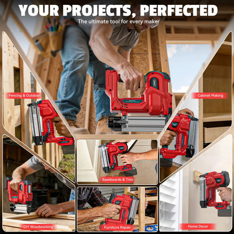 Heavy Duty Cordless Brad Nailer And Staple Gun Combo Made To Fit Milwaukee 18v Tools shown in various carpentry jobs.
