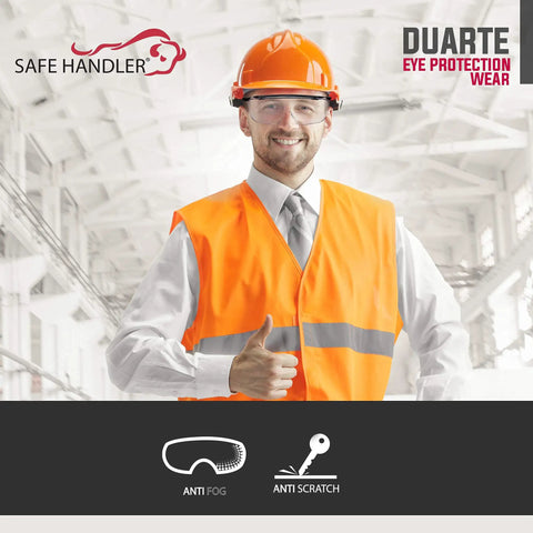 Top Shelf Anti Fog Safety Glasses Over Eyeglasses Clear Impact Resistant Polycarbonate Lenses worn by worker in orange vest.