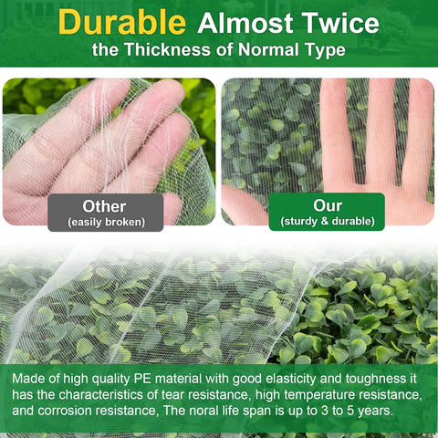 Comparison of durable garden netting showing hand on ultra fine mesh, used for Ultra Fine Garden Netting 10x50ft Insect Barrier.