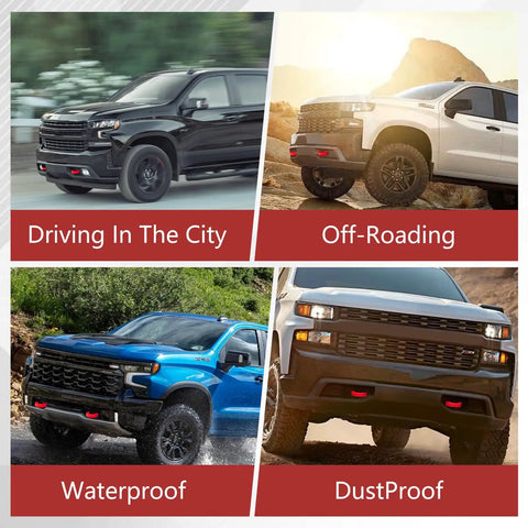 Front Tow Hook Covers For Silverado 1500 And GMC Sierra 1500 shown in city, off-road, waterproof, dustproof settings