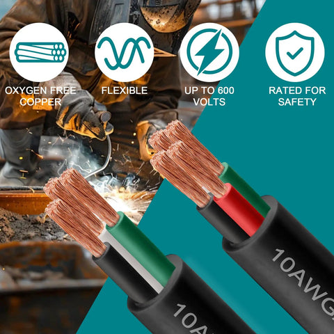 Heavy Duty 14 Awg 4 Conductor Soow Wire 25 Ft Portable Power Cable Built Different For Rough Jobs With Totally Oil Resistant Jacket, close-up view of exposed wires.