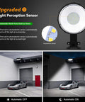 Two Pack 100W LED Barn Light With Dusk To Dawn Sensor, showing automatic on-off function with IP65 waterproof design.
