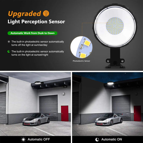 Two Pack 100W LED Barn Light With Dusk To Dawn Sensor, showing automatic on-off function with IP65 waterproof design.