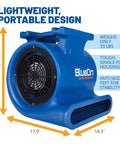 Beast Mode 1 HP Air Mover Blower Fan, 4050 CFM, shown with dimensions and lightweight design features like tough housing and anti-skid feet.