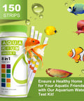 Solid 8 In 1 Aquarium Test Kit For Freshwater And Saltwater Features 150 Fast Snap Checks in vibrant packaging with test strips and fish.