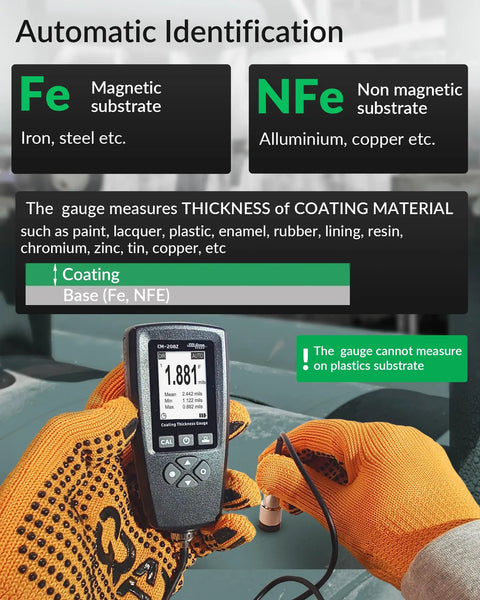 Rugged Coating Thickness Meter for Steel and Aluminum Structures, 0-3000µm Range, 0.001 Mil Resolution, External Probe, Fe/NFe Auto Detection, USB Data Export, Built for Inspectors, Contractors, and QC Pros On the Jobsite used on a steel panel