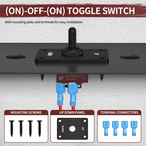 Momentary 12V DC Polarity Reversing DPDT Toggle Switch Waterproof Panel Mount Up Down 3 Position RV Jack Motor Control Switch For Rugged Marine Use Boat Truck with mounting accessories.