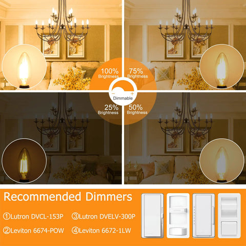 Brightness settings of Dimmable E12 Candelabra LED Bulb 60W Equivalent B11 Candle Shape in a living room setup with dimmers