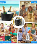 Premium Ice Bucket With Secure Silicone Lid Double Wall Vacuum Insulation Locks In Chill So Your Drinks Stay Frosty And Party Ready Black Three Liter Champagne Cooler Bucket used at beach, bar, family gathering, and pool party with drinks.