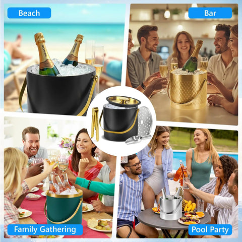 Premium Ice Bucket With Secure Silicone Lid Double Wall Vacuum Insulation Locks In Chill So Your Drinks Stay Frosty And Party Ready Black Three Liter Champagne Cooler Bucket used at beach, bar, family gathering, and pool party with drinks.