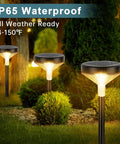 Lit Ultra Bright Solar Pathway Lights Eight Pack With Remote Color Changing And Warm White Modes IP65 Waterproof in garden.
