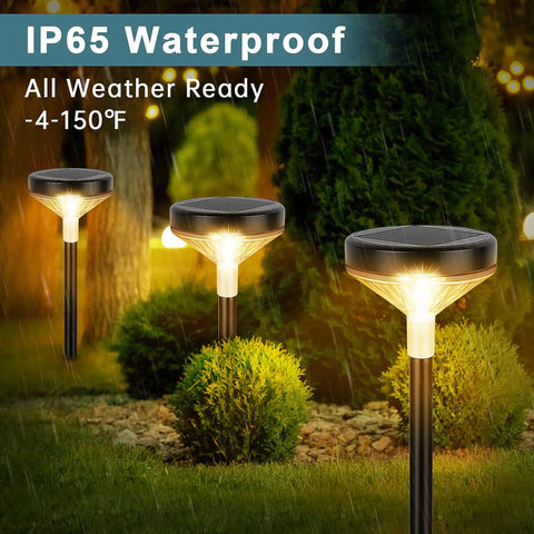 Lit Ultra Bright Solar Pathway Lights Eight Pack With Remote Color Changing And Warm White Modes IP65 Waterproof in garden.
