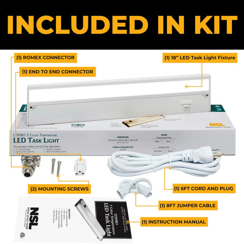 Included in the kit are Romex connector, 18" LED task light fixture, end-to-end connector, mounting screws, and instruction manual.