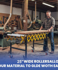 Heavy Duty 25 Inch Wide Adjustable Roller Conveyor With Skate Wheels Handles 1250 Lbs Load Easily for moving wood in a workshop.