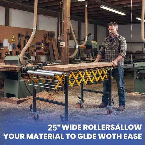 Heavy Duty 25 Inch Wide Adjustable Roller Conveyor With Skate Wheels Handles 1250 Lbs Load Easily for moving wood in a workshop.