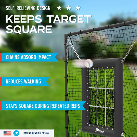 Heavy Duty 9 Hole Baseball Pitching Net With Built In Backstop And Suspended Strike Zone Target, close-up of target with impact-absorbing chains.