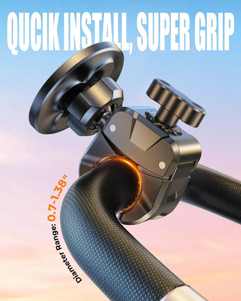Magnetic Gym Phone Holder With Clamp For Treadmills, Exercise Bikes, Golf Carts And Shopping Carts, showing quick install
