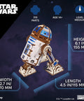 R2 D2 3D Wooden Puzzle Kit For Adults With Moving Parts And LED Projection Light, dimensions and parts highlighted.