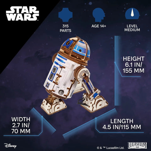 R2 D2 3D Wooden Puzzle Kit For Adults With Moving Parts And LED Projection Light, dimensions and parts highlighted.