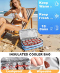 Beach Bag With Built In Detachable Cooler Compartment holding 18 cans on sandy beach