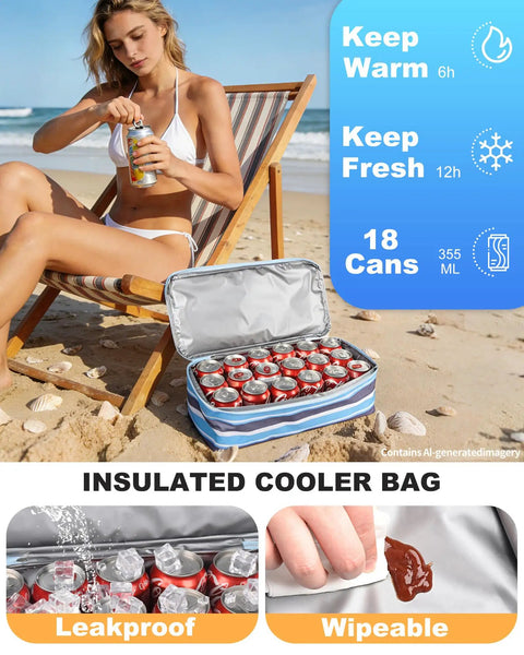 Beach Bag With Built In Detachable Cooler Compartment holding 18 cans on sandy beach