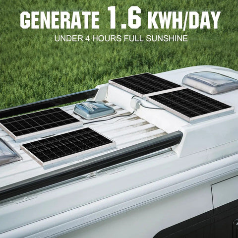 Beast 400W 12V Solar Panel Kit With Four 100W Panels 40A MPPT Charge Controller on RV roof generating 1.6 kwh/day