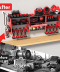Power Tool Organizer Wall Mount With Locking Drawers Grinder Holder Hammer And Pliers Rack And 6 Outlet Charging Shelf in use