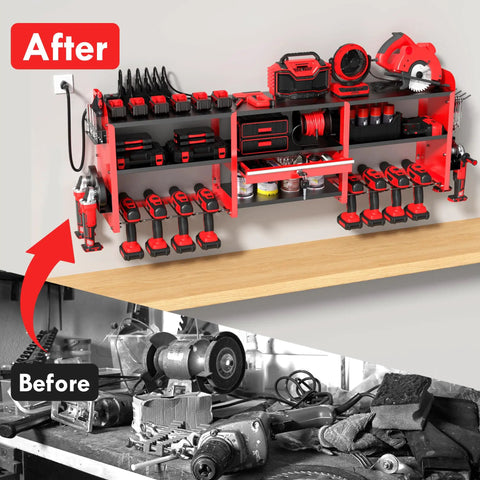 Power Tool Organizer Wall Mount With Locking Drawers Grinder Holder Hammer And Pliers Rack And 6 Outlet Charging Shelf in use