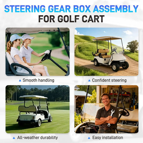 Collage showing benefits of Golf Cart Steering Gear Box Assembly And Steering Rack Replacement Fits TXT Medalist 1994.6 Through 2001