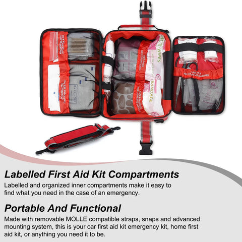 GEVOKE red emergency first aid kit opened to reveal labeled compartments with bandages, gauze and supplies.