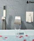 Wall Mounted Tub Filler Faucet With Hand Shower In Brushed Nickel, Waterfall Bathtub Faucet, High Flow Rough In Valve, Modern Bathroom Spa Tap