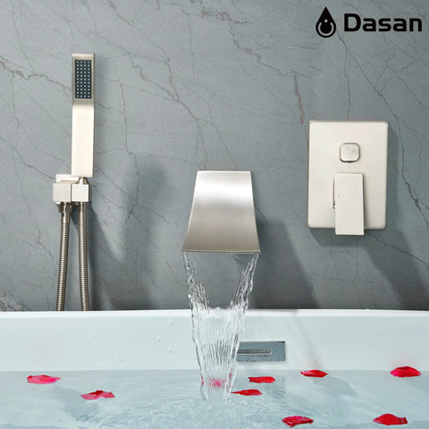 Wall Mounted Tub Filler Faucet With Hand Shower In Brushed Nickel, Waterfall Bathtub Faucet, High Flow Rough In Valve, Modern Bathroom Spa Tap