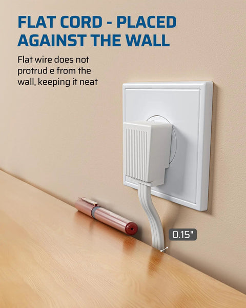 Three Outlet Extension Cord With Flat Plug For Home Or Office plugged into wall socket, showing flat design against wall.