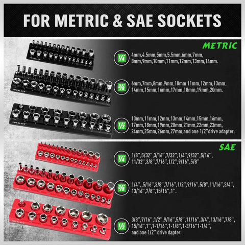 Six Piece Magnetic Socket Organizer Set For Metric And SAE Drives, Holds 143 Sockets In Red And Black Magnetic Trays