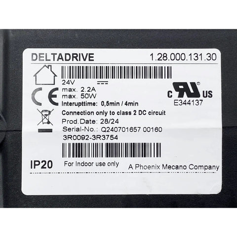 Label of Deltadrive Linear Actuator Motor Model 1.28.000.131.30 Replacement Kit, showing specifications and certifications.