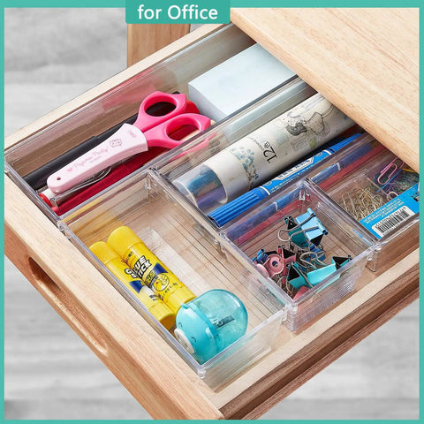 Six Piece Clear Acrylic Drawer Organizer Set For Makeup Cosmetics Jewelry Utensils Gadgets And Office Essentials Versatile Storage Trays With Customizable Layout in wooden drawer