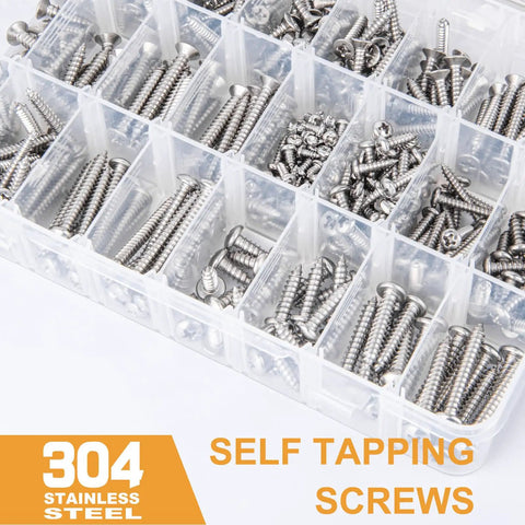 520 Piece 304 Stainless Steel Wood Screw Kit With Flat Head And Pan Head Philips Self Tapping Screws In Sizes Four To Ten For Pro Grade Rust Resistant Wood Projects And DIY Repairs in a plastic case