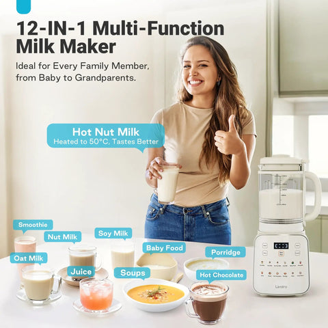 Woman using 12 In 1 Nut Milk Maker With Detachable Design For Almond Oat Soy And Plant Milks In Minutes 50.7 Oz Capacity