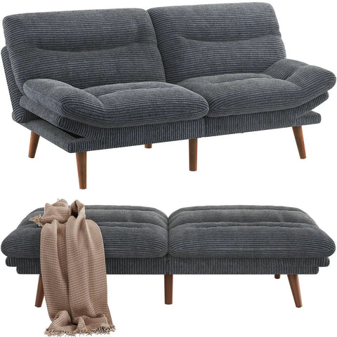 66 Inch Corduroy Futon Sofa Bed With Adjustable Backrest And Armrests, Converts To Sleeper Or Recliner, Grey Color