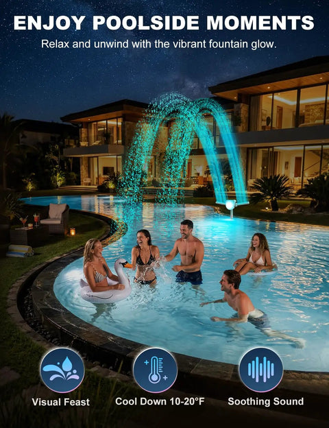 People enjoying a pool with Solar Pool Fountain With 7 Color LED Lights 2026 Upgrade Dual-Head Adjustable Spray Fountain