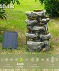 Solar Powered Outdoor Garden Fountain With Five Tier Cascading Stone Bowls And LED Lighting 24 Inch High Waterfall Feature For Patio Deck Porch Backyard Decor Includes Pump And Solar Panel, shown in outdoor setting