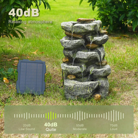 Solar Powered Outdoor Garden Fountain With Five Tier Cascading Stone Bowls And LED Lighting 24 Inch High Waterfall Feature For Patio Deck Porch Backyard Decor Includes Pump And Solar Panel, shown in outdoor setting