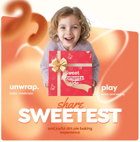Child holding gift box with Dirt Pie Kids Baking Kit With Chocolate Cake Mix, Pre Measured Dry Ingredients, Chewy Gummy Worms.