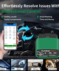 VLinker FD Plus OBD2 Bluetooth Diagnostic Scanner with phone app interface next to black car displaying bi-directional control